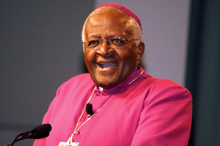 Archbishop Desmond Tutu speaking at the Minneapolis Convention Center on making friends out of our enemies. 
