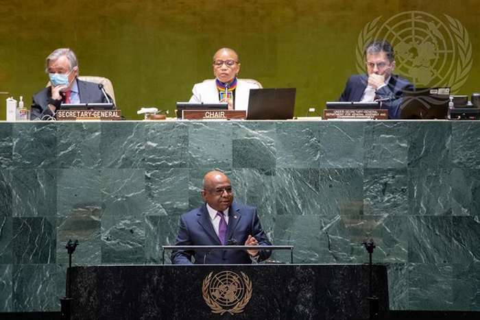 Abdulla Shahid (at podium), President of the seventy-sixth session of the United Nations General Assembly, addresses the opening of the sixty-sixth session of the Commission on the Status of Women (CSW). Seated at dais are, from left to right: Secretary-General António Guterres; Mathu Joyini, Permanent Representative of South Africa and Chair of the Sixty-sixth Session of the CSW; and Movses Abelian, Under-Secretary-General for General Assembly and Conference Management (DGACM).