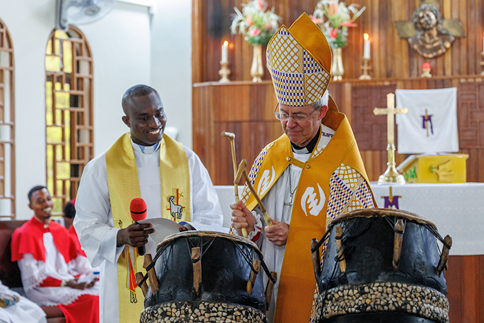 The Archbishop of Canterbury, Justin Welby, beats African drums during a Eucharist Service at Christ Church, Legon in Accra to mark the official opening of the ACC-18 meeting in Ghana